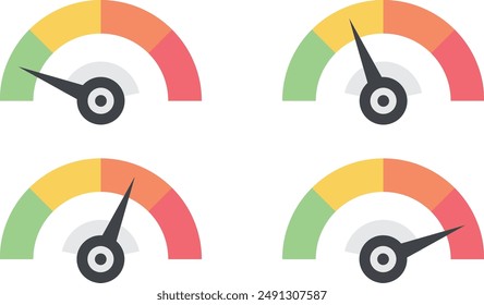 Animated speedometer sign. Indicator level icon. Risk level. Car speedometer cartoon animation on white. Risk meter. Risk concept on speedometer, vector illustration. Scale low, medium or high risk on