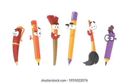 Animated Stationery Characters Set, Cute Pens and Pencils with Funny Faces Cartoon Vector Illustration