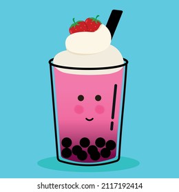 Animated Strawberry Ice Drink Bubble Tea Doodle Character In Cute Cartoon Illustration Clip Art Icon Design Image