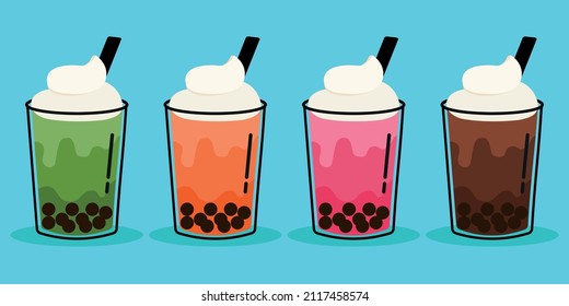 Animated Strawberry Mango Chocolate Matcha Green Tea Ice Drink Bubble Tea Doodle Character In Cute Cartoon Illustration Clip Art Icon Design Image