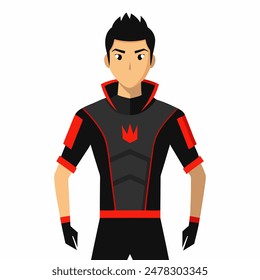 Animated superhero in dark suit with red details embodies action and bravery in futuristic setting