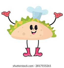 Animated taco wearing chef hat and pink boots with arms and legs