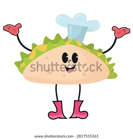 Animated taco wearing chef hat and pink boots with arms and legs