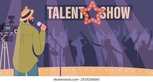 Animated Talent Show With Performer On Stage Holding A Microphone. Atmosphere Is Filled With Excitement And Anticipation