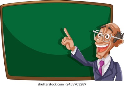 Animated teacher pointing at an empty blackboard