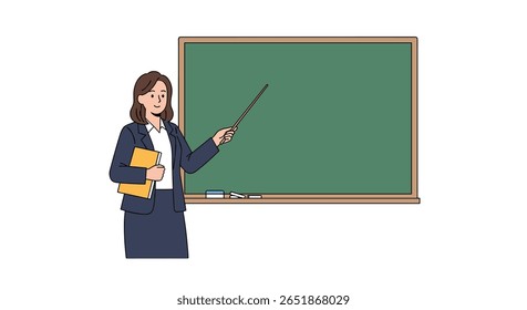 An animated teacher stands beside a green chalkboard holding books and pointing