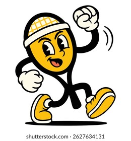 Animated tennis racket character in mid-action pose, symbolizing sports and active lifestyle, fitting for sportswear, educational visuals, and dynamic branding.