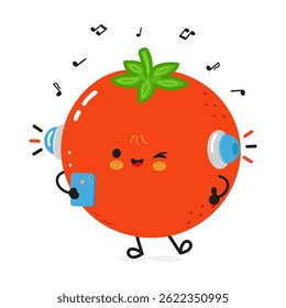 Animated tomato character listening to music with headphones and a smartphone, surrounded by musical notes.