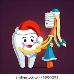 Animated tooth character wearing Santa Claus hat and beard holding hands, embracing toothbrush in Snow Maiden costume. New Year & Christmas themed tooth & brush illustration. Flat style vector.