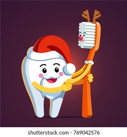 Animated tooth character wearing Santa Claus hat and beard holding hands, embracing toothbrush with deer antlers. New Year & Christmas themed tooth & brush illustration. Flat style vector.