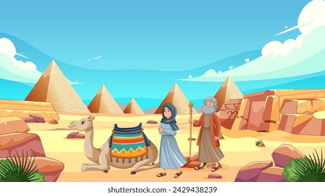 Animated travelers with camel near Egyptian pyramids.