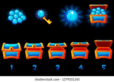 Animated treasure chest with blue precious gem. Step by step, full and empty, open and closed box. Icons on separate layers.