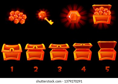 Animated treasure chest with red precious gem. Step by step, full and empty, open and closed box. Icons on separate layers.