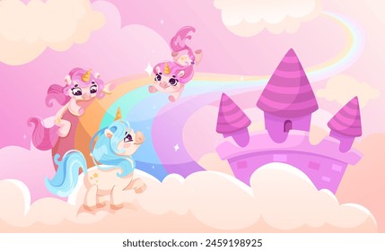 Animated unicorns playing near a castle on clouds, cartoon style on a pink background, concept of fantasy and magic, Vector illustration. Vector illustration