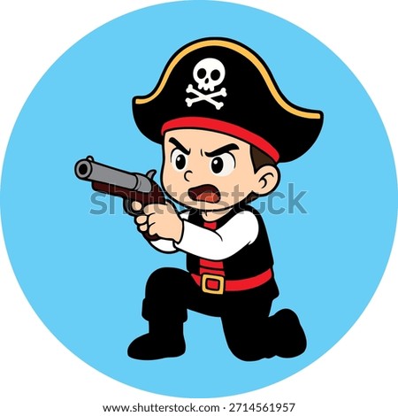 Animated vector of a boy wearing a pirate costume holding a toy gun, high resolution EPS file