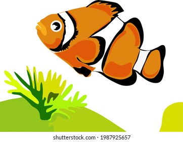 Animated Vector Clown Goldfish With Distinctive Colors Of Orange And White Looks Sad.