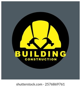 Animated vector helmet and hammer, Modern building construction logo in blue, gray background.