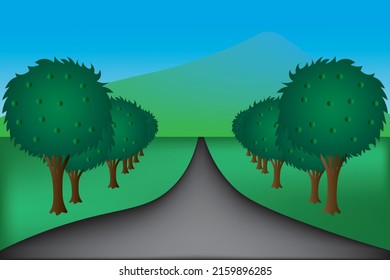 Animated vector illustration with beautiful mountain background. There are roads with straight lines. there are some green trees. peaceful atmosphere feels if we are here. Happy holidays.