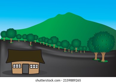 An Animated Vector Illustration Of A Forest Landscape With A Beautiful Mountain Backdrop. A Peaceful And Peaceful Atmosphere Is Felt When We Are Here With A Cool Forest Atmosphere. Suitable When You D