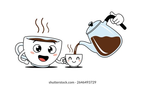 Animated vector illustration of a large cup pouring coffee into a smaller cup