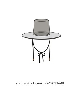 Animated vector illustration of a traditional Korean gat hat with a wide semi-transparent brim and tall cylindrical crown in deep black tone. Isolated object on clean background, focusing exclusively on the historical headwear without any human figure. This iconic hat represents Korean nobility, dignity, and heritage fashion from the Joseon period, suitable for cultural, historical, and educational design projects.