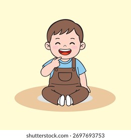 Animação vetorial de design de imagem de um traje de criança sentado sorrindo e mostrando seus dentes limpos, muito bonito e colorido, muito adequado para ser usado como um cartaz ou imagem de mídia.