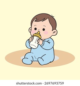 animated vector image design of a child's costume drinking milk happily and very cute and colorful, very suitable to be used as a poster or media image