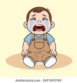 Animated vector image design of a child's costume sitting crying sadly, very cute and colorful, very suitable to be used as a poster or media image