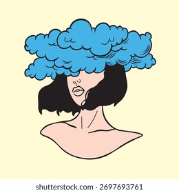 desenho animado de imagem vetorial de um traje de mulher muito bonita, metade de seu rosto coberto por belas nuvens, muito adequado para ser usado como uma imagem de cartaz para um evento