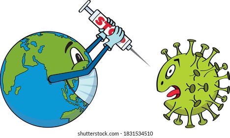 Animated Vector Image The Earth Kills Coronavirus With Vaccine And Saves People. Caricature. The Development Of A Vaccine Against Coronavirus. Vector Planet Earth In A Mask And Gloves With A Syringe.