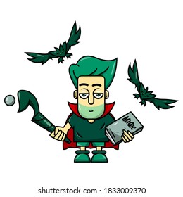 
animated vector of a magician with his wand and his magic book.