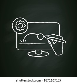 Animated video clip chalk icon. Pictogram of hand drawing animation video content on computer monitor. Film production and design concept. Isolated vector illustration on chalkboard 