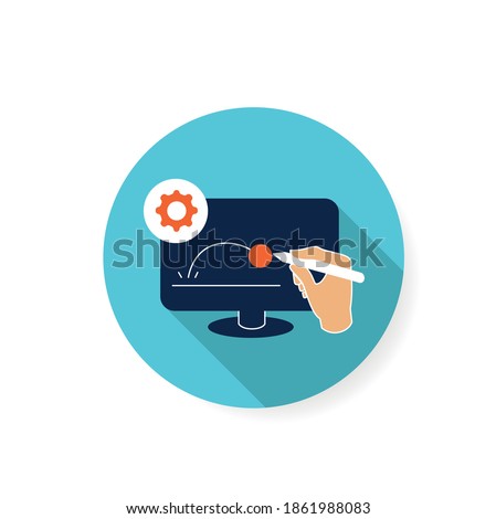 Animated video clip flat icon. Pictogram of hand drawing animation video content on computer monitor. Film production and design concept. Color vector illustration with shadow 