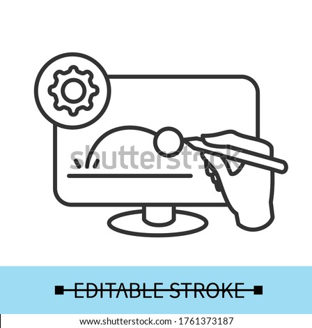 Animated video clip icon. Pictogram of hand drawing animation video content on computer monitor isolated. Film production and design concept. Thin line vector,editable illustration Foto stock © 