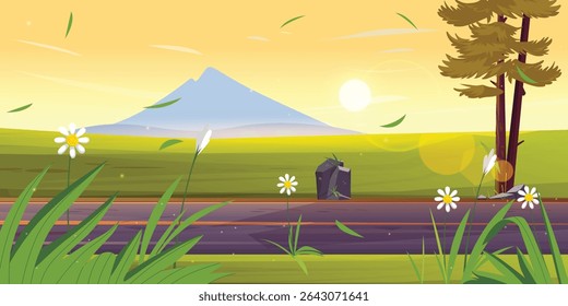 Animated view of nature with roads, mountains, beautiful flowers