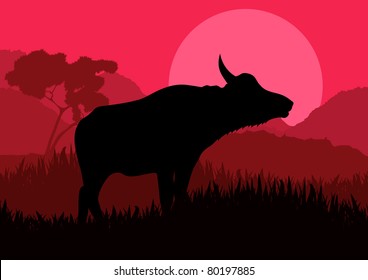 Animated water buffalo in wild nature landscape illustration