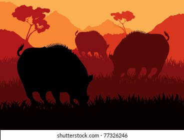 Animated wild boar flock in wild nature landscape illustration