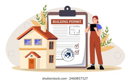 Una mujer animada revisando un Portapapeles de permiso de construcción al lado de una casa, con un fondo simple, concepto de Aprobación de construcción. Ilustración vectorial plana