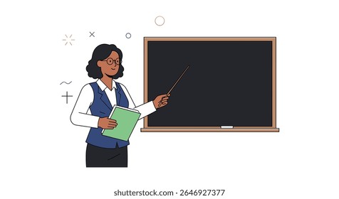An Animated Woman Explaining Concepts At A Blackboard With Mathematical Symbols Floating Around Her