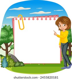 Animated woman pointing at an empty notepad