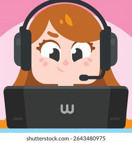 Animated woman wearing headset at computer, communication, support concept.