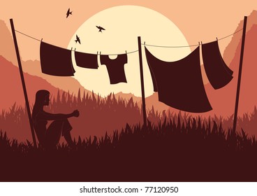 Animated women drying clothes in wild africa landscape