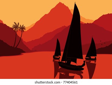 Animated yacht regatta sailing in wild nature landscape illustration