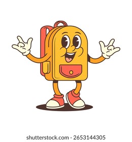 Animated yellow backpack mascot with expressive eyes, cheerful smile, and energetic pose. Ideal for school projects, youth promotions, and playful branding. Bright and lively vector illustration