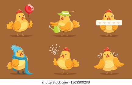 Animated Yellow Chickens In Different Poses Vector Illustration Set Cartoon Character