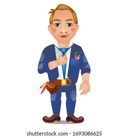 An animated young man with the spoons in his pocket isolated on white background. Vector cartoon close-up illustration.