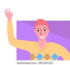 Animated young man waving hello with a friendly smile. Male character in sweater greeting, purple background. Friendly greeting, warm welcome vector illustration.