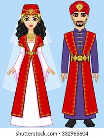 Animation Arab family in ancient clothes. Isolated on a blue background.