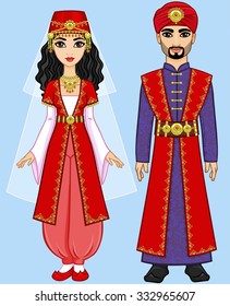 Animation Arab family in ancient clothes. Isolated on a blue background.