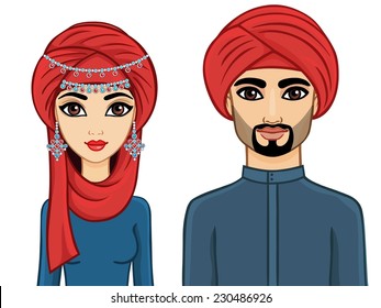 Animation Arab family: the man and the woman in traditional clothes and turbans. Isolated.